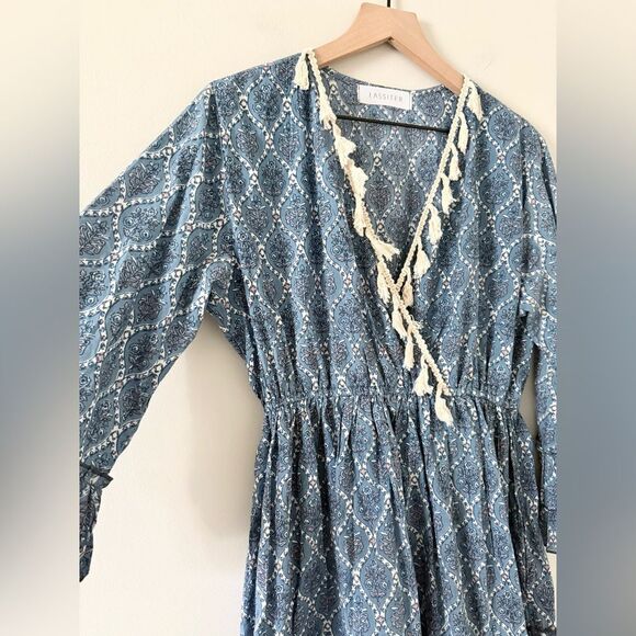 Lassiter Boho Dress with Ruffle and Tassel Detail in Blue Floral Block Print - S - Picture 2 of 7